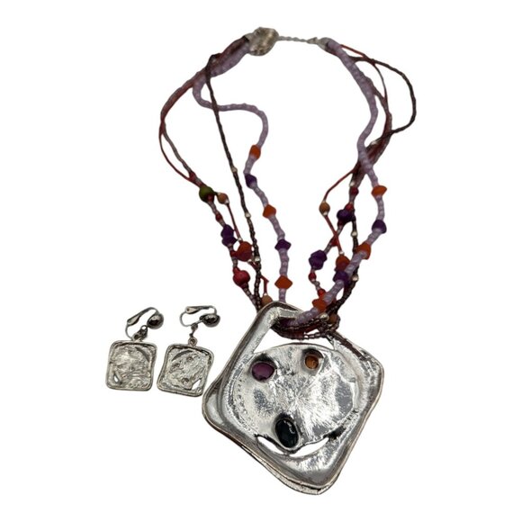 Boho Colorful Beaded Necklace & Earrings Set With Abstract Pendant Demi Parure - Picture 6 of 6